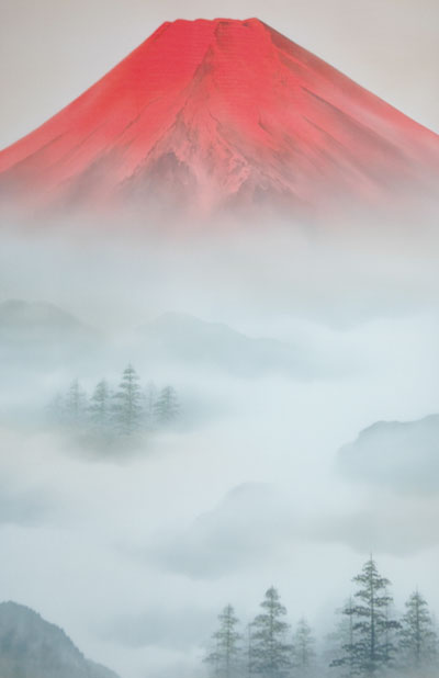 赤富士山水掛軸(掛け軸）　上野行安